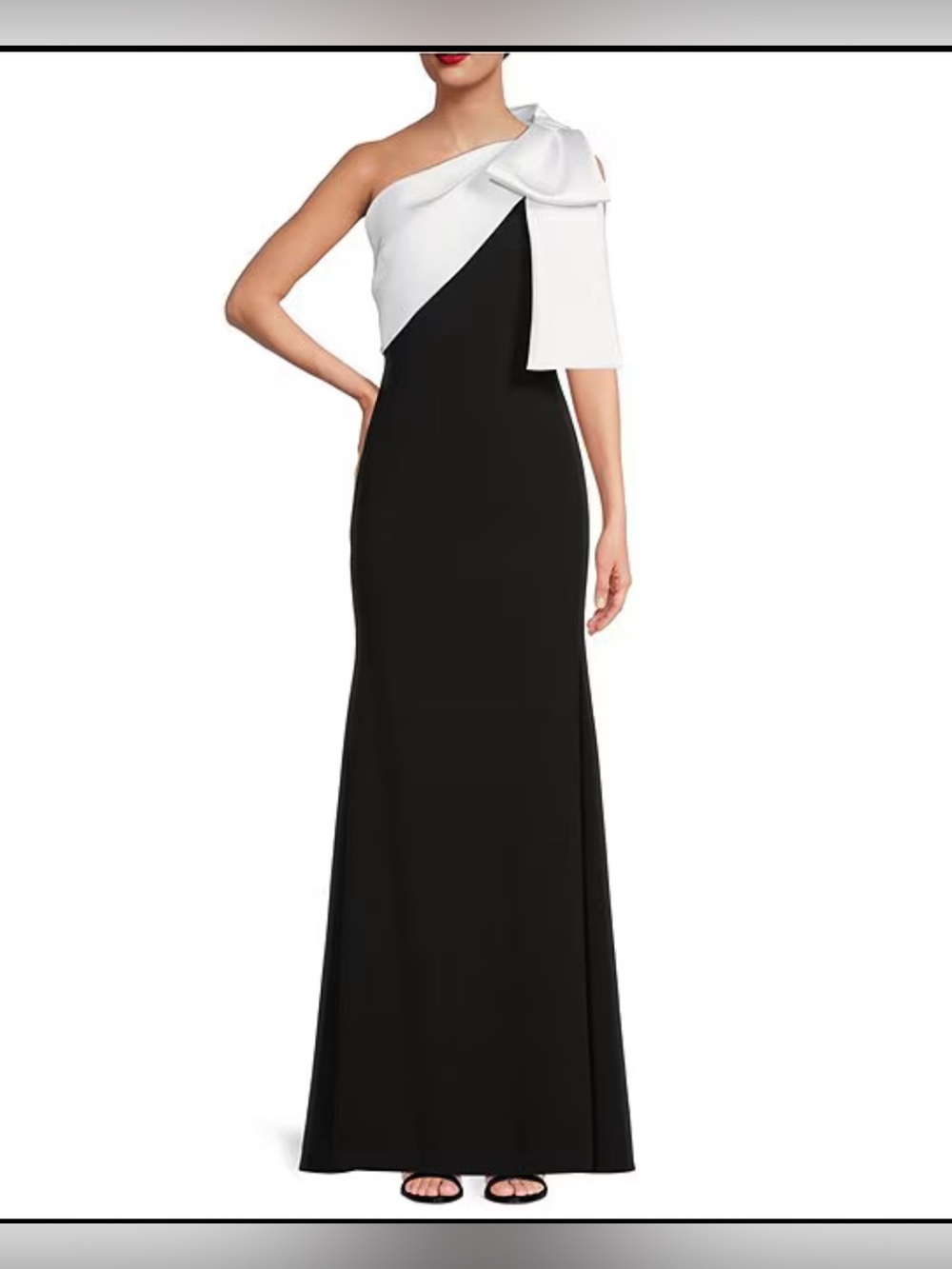 Betsy & Adam Black and White One-Shoulder Gown with Bow Detail